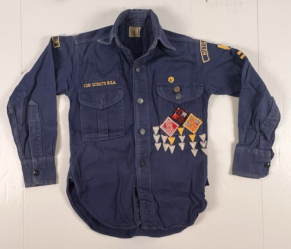 Vintage Cub Scouts BSA Shirt Youth Small Blue Official Uniform Patches Pins 60s