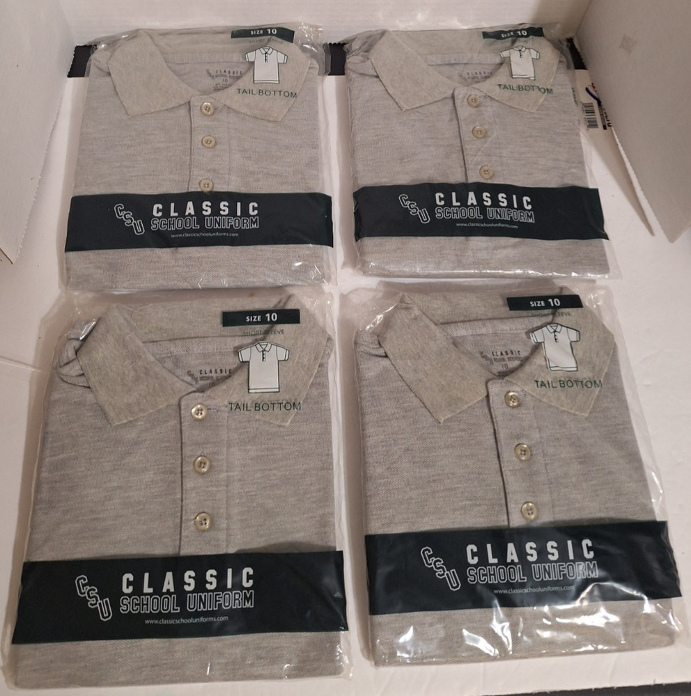 Lot of 4 Boys Gray Classic School Uniform SS Pique Polo Shirts Size 10 NIP
