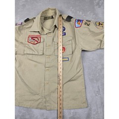 Boy Scouts of America Shirt Kids Youth L Khaki Tan Patches BSA Poly Cotton