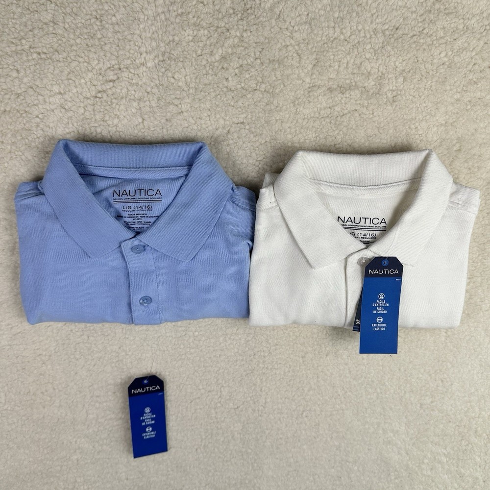Nautica Boys Big School Uniform Short Sleeve Polo Shirt Button Closure Pique