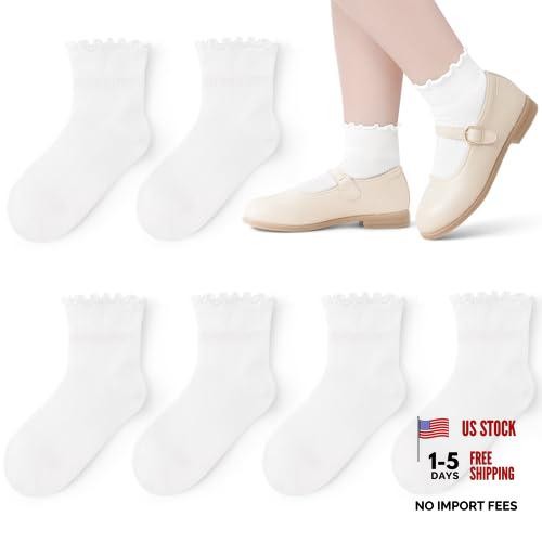 6 Pairs Girls Ruffle Socks Toddler Kids School Uniform Soft 8-10 Years White