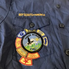Vintage Boy Scouts of America Uniform Youth Shirt (L) Blue Sewn Patches