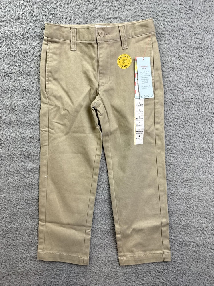 Cat & Jack Pants Boys 5 Beige Straight Leg Twill School Uniform Reinforced Knee