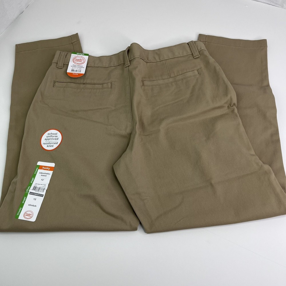 School Uniform Pants Husky 12 Straight Leg Beige Adjust Waist Stretch Reinforce