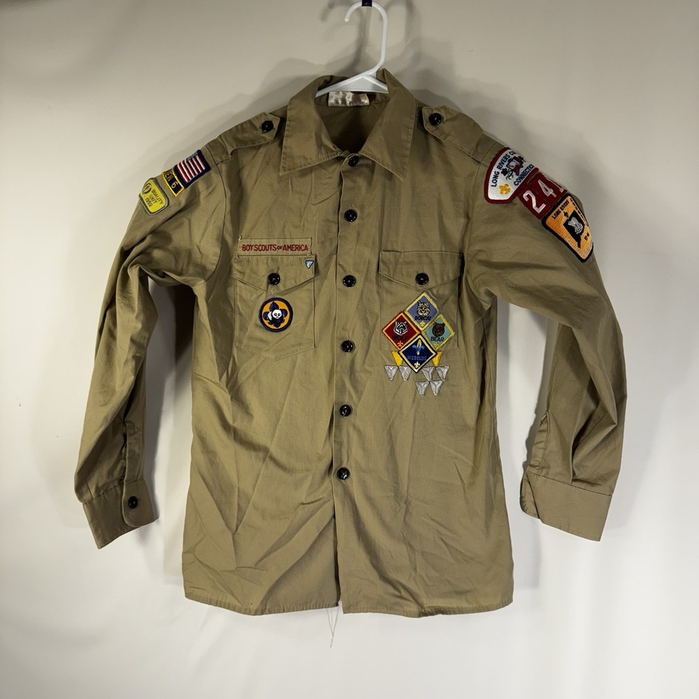 Boy Scouts BSA Cub Scouts Shirt Youth Large Tan Long Sleeve Uniform Patch Stains