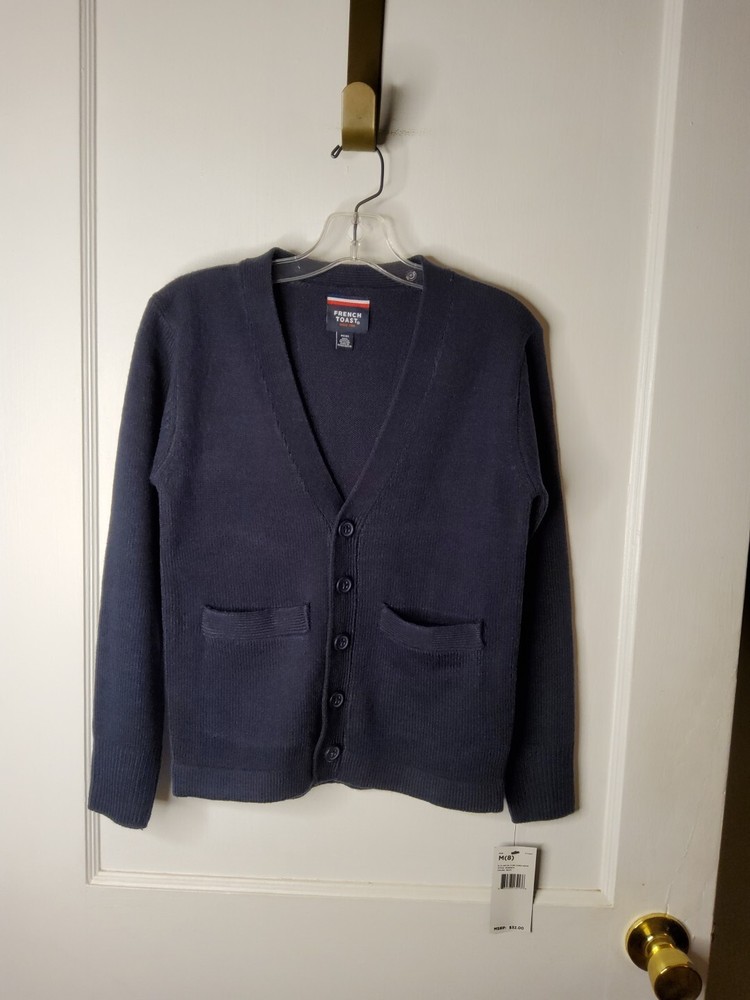 NWT $32 French Toast Boys Navy Cardigan Sweater, M(8), Button Front, School