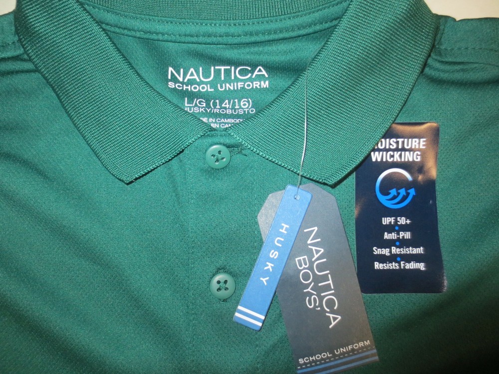 New Nautica Boy’s School Uniform Polo Shirt L 14/16 Husky Hunter Green UPF50+