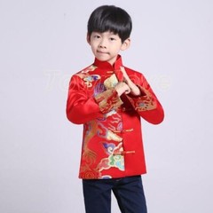 Chinese Tang Suit Red Clothing for Kids Boy Hanfu Top Dragon Print Party Stage
