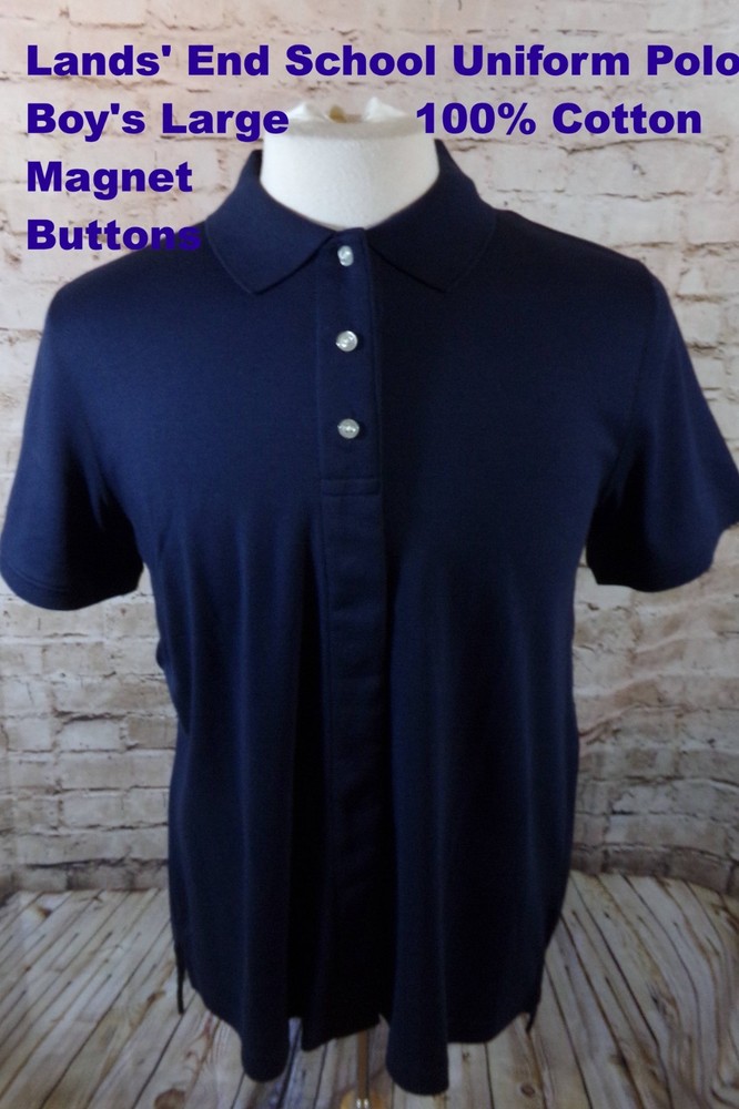 Lands’ End Uniform School Polo Boys Large Navy Blue Magnet Buttons Cotton NWT