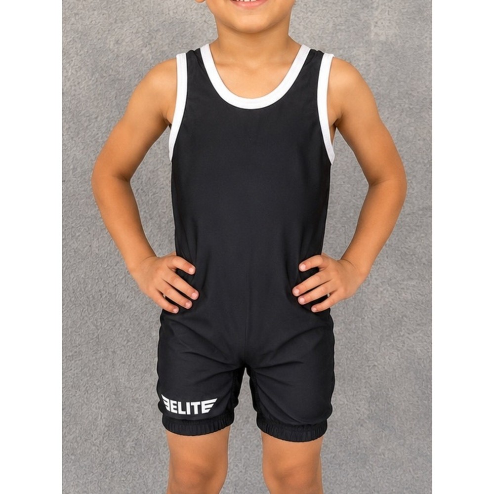 Elite Sports Black Kids Wresling Singlet with White Trim