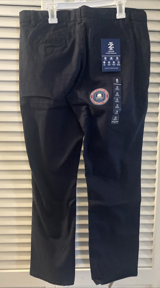 IZOD Boys Uniform Navy Dress Chino Pants Flat Front Adjustable Waist. 16 Husky