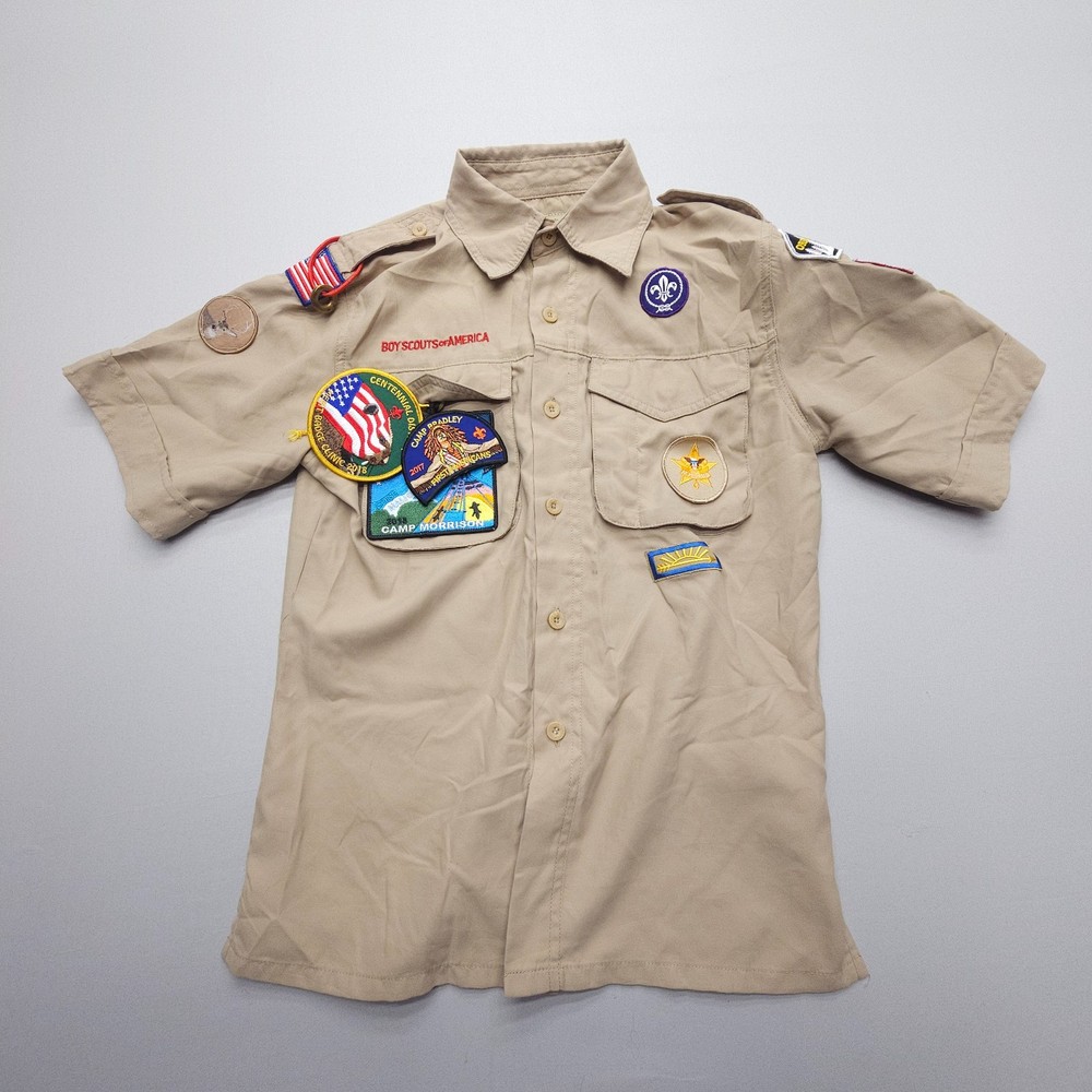 Boy Scouts Of America Youth Medium Uniform Shirt Tan Vented Microfiber Hiking