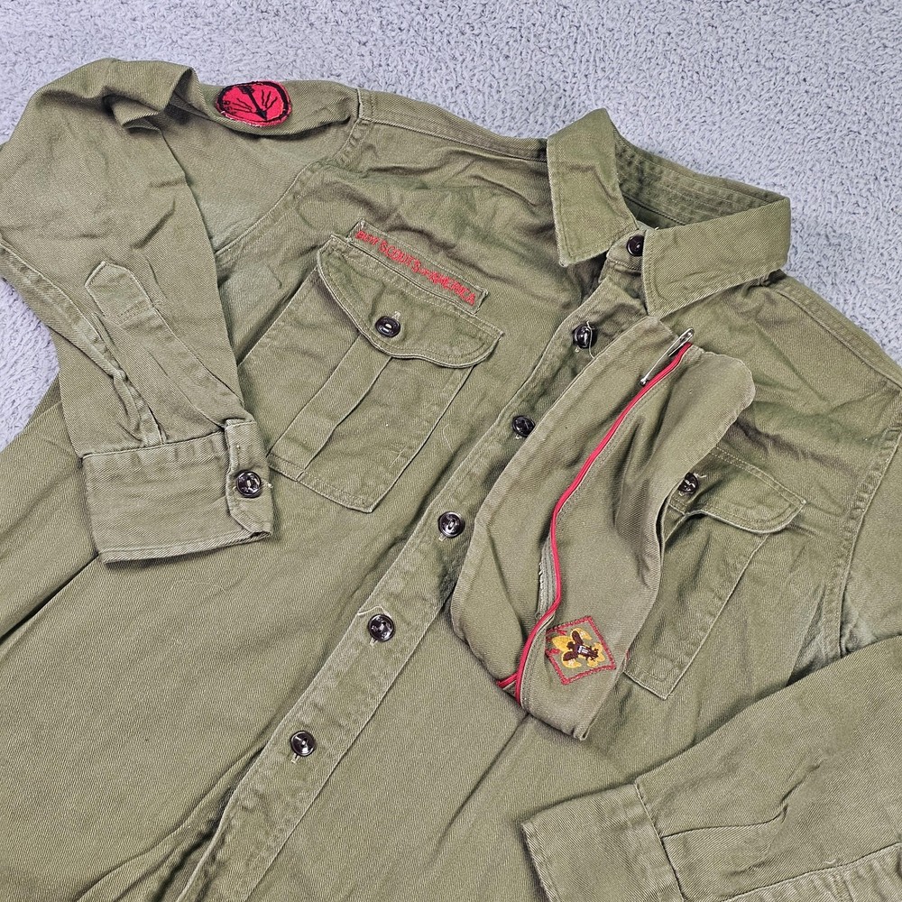 Vintage Boy Scouts Of America Uniform Shirt Hat Boys Medium Green Twill Patches