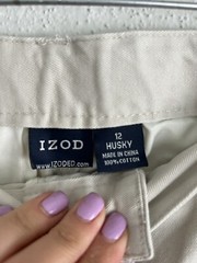 Izod Boys Begie 100% Cotton Flat Front Adjustable Waist Uniform Pant, 12 Husky
