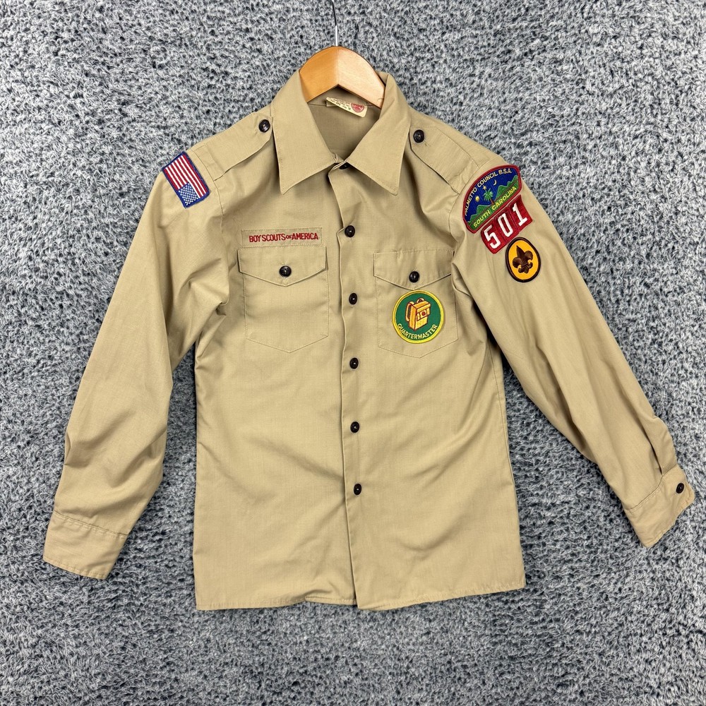 Vintage Boy Scouts Of America Shirt Boys 16 Beige Uniform Long Sleeve Patches