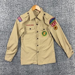 Vintage Boy Scouts Of America Shirt Boys 16 Beige Uniform Long Sleeve Patches