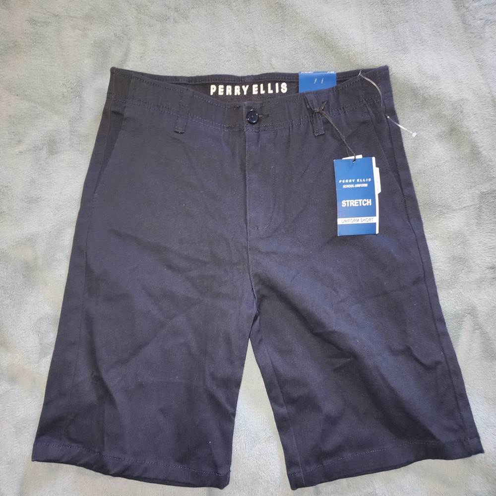 New* Perry Ellis Boys School Uniform Stretch Shorts Size 18 Navy Blue