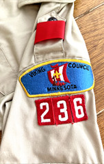VTG. SIZE 14 BOY SCOUTS of AMERICA SHIRT w/ COMMEMORATIVE PATCHES & WEBELO SCARF