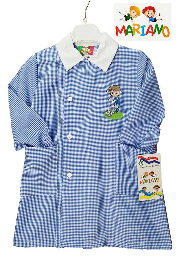 Child School Apron Kindergarten Blue Checkered Embroidered MARIANO
