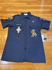 Vintage Boy Scouts Of America Uniform Shirt Blue Size Youth XL Patches And Pins