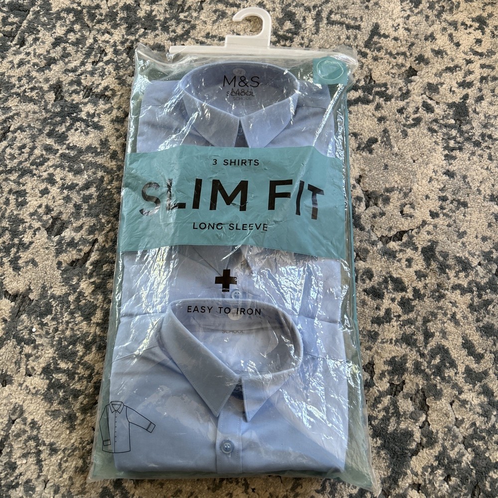M&S 3 Slim Fit Long Sleeve Shirts Size 7/8 Year Kids Blue