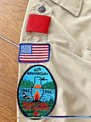 VTG. SIZE 14 BOY SCOUTS of AMERICA SHIRT w/ COMMEMORATIVE PATCHES & WEBELO SCARF
