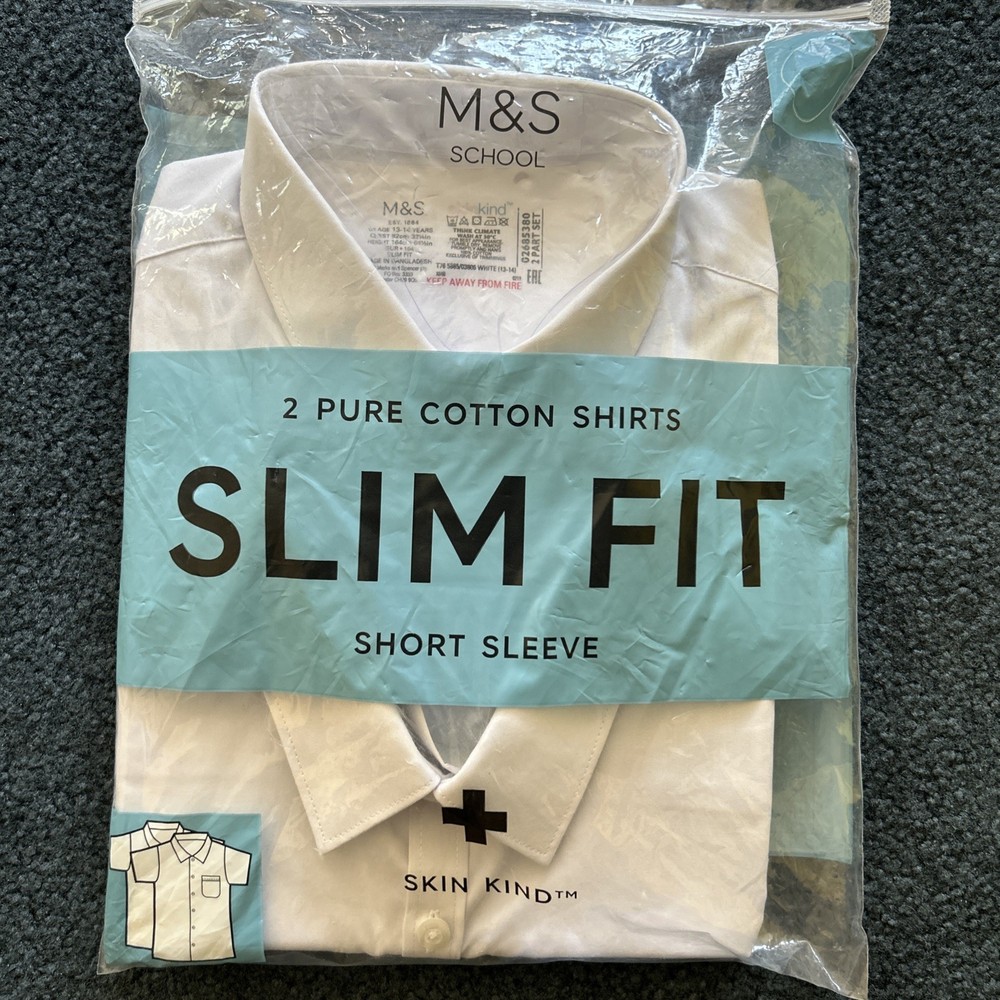 M&S 2 Pure Cotton Shirts Slim Fit Short Sleeve 2 Pack Size 13/14 Year
