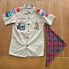 VTG. SIZE 14 BOY SCOUTS of AMERICA SHIRT w/ COMMEMORATIVE PATCHES & WEBELO SCARF